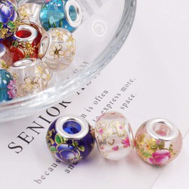 50 Pieces 15x11mm Japanese Color Painting Large Hole Glass Beads Mix Color with Silver Brass Core European Beads for Charm Bracelet Jewelry Making (Japanese Hand Painting)