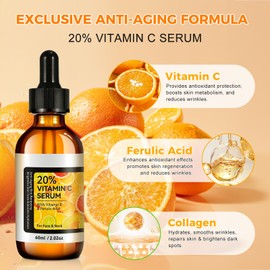 Vitamin C Serum Gesicht 60ml Leistungsstarkes 20% Vitamin C Serum Gegen Dunkle Flecken Falten & Feine Linien Gesichtspflege Augenringe Entfernen Anti-aging, Kollagen-boost & Hautaufhellendes