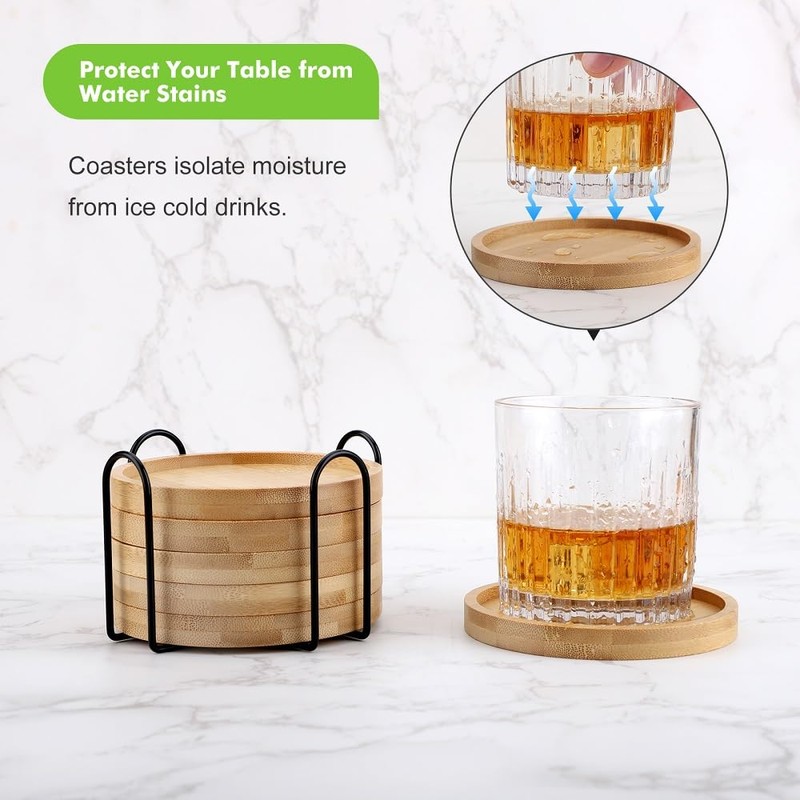 WLWNWFT Bamboo Coaster Set of 6 with Lid Holder for