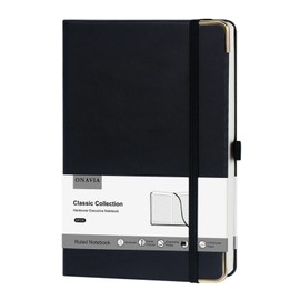 ONAVIA A5 Notebooks Lined Notepad with 100 GSM Thick Paper, Hardback PU Leather Note Books for Office School Home Business Work, Classic Ruled Journal Notes Diary Pad with Pen Loop, 14 x 21cm - Black