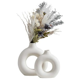 White Ceramic Vase Set, Donut Vase Rustic Beige Round Matte Pampas Flower Vases Nordic Minimalism Style Decoration for Living Room, Kitchen, Office, Home Decor Modern Art Vase (Small + Big)