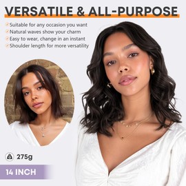 Sidaila Wigs for Women，Synthetic Lace Hairline Heat Resistant Body Wave Wig，14 Inch Shoulder Length Bob Style Wig Layered Natural Curly Hair Wigs for Women for Daily Party Use - 1# Off Black