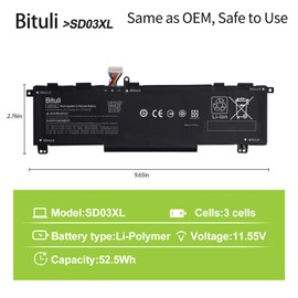 Bituli SD03XL Laptop Battery for HP Omen 15 2020 15-EK0000 / Omen 15-EN 15-EN0000 Series SD06XL SDO6XL HSTNN-089U HSTNN-DB9U HSTNN-OB1R L84356-2C1 L84357-AC1 L84392-005 L84394-005 52.5Wh