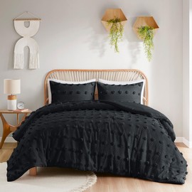 Intelligent Design Queen Comforter Set, Clipped Jacquard Comforter Set Chic Pompom Accent, All Seasons Lightweight & Fluffy Comforter Bed Set with 2 Shams, Lucy, Full/Queen, Black 3 Piece