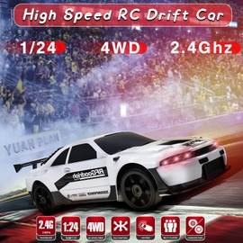YUAN PLAN RC Drift Car, 1/24 Remote Control Car 4WD RC Cars for Kids, 2.4GHz Hobby Racing Car Toys White Drifting RC Car with LED Light Rechargeable Battery and Drift Tires Toy Cars for Boys