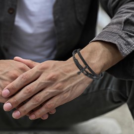 SeiMios Leather Bracelet for Men Women, Black Ankh Cross Bracelet 316L Stainless Steel Layered Leather Braided Bracelet 8.3 Inches