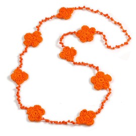 Avalaya Handmade Floral Crochet Glass Bead Long Necklace in Orange/Lightweight - 96cm Long