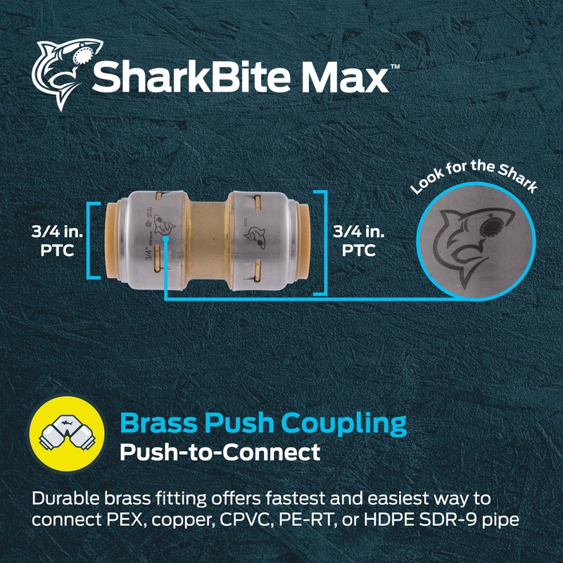 SharkBite Max 3/4 Inch Coupling, Push to Connect Brass Plumbing