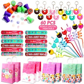Happy Greetings 72 Pcs Donut Party Favors - 12 Sets of Donut Party Bags Keychain Wristband Stamps Straw Stickers for Boy Girl Sweet Doughnut Birthday Party Gift Bag Fillers