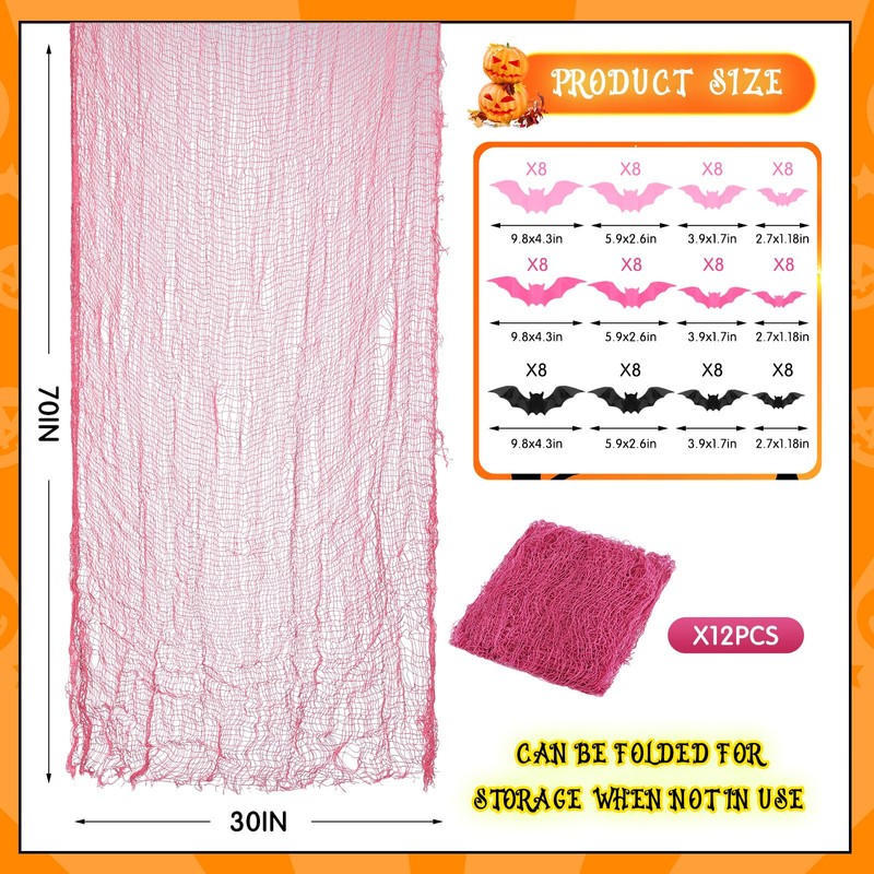 12 Set Halloween Pink Creepy Gauze Decor, Spider Web 3D
