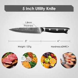 KEEMAKE Kitchen Utility Knife, 5 Inch Chef Knife, 67-Layer Damascus Steel Paring Knife with Ergonomic G10 Handle, Multipurpose Kitchen Knife for Fruit and Vegetable Cutting