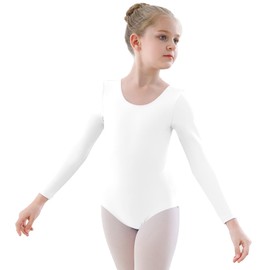 YgneeDom Girls Long Sleeve Leotard Kids Bodysuit for Dance Gymnastics Costume 3-12 Years(White,11-12)