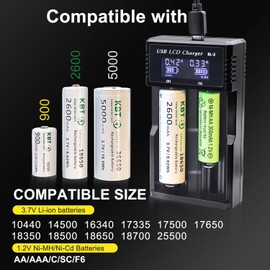 KBT 3.7V Li-ion/1.2V Ni-MH Battery Charger with 2Pack 3.7V 2600mAh Battery, Voltage&Current LCD Screen Display, Smart Charger for 14500 18350 18500 18650 21700 26650, 1.2V Ni-MH AA AAA C Batteries