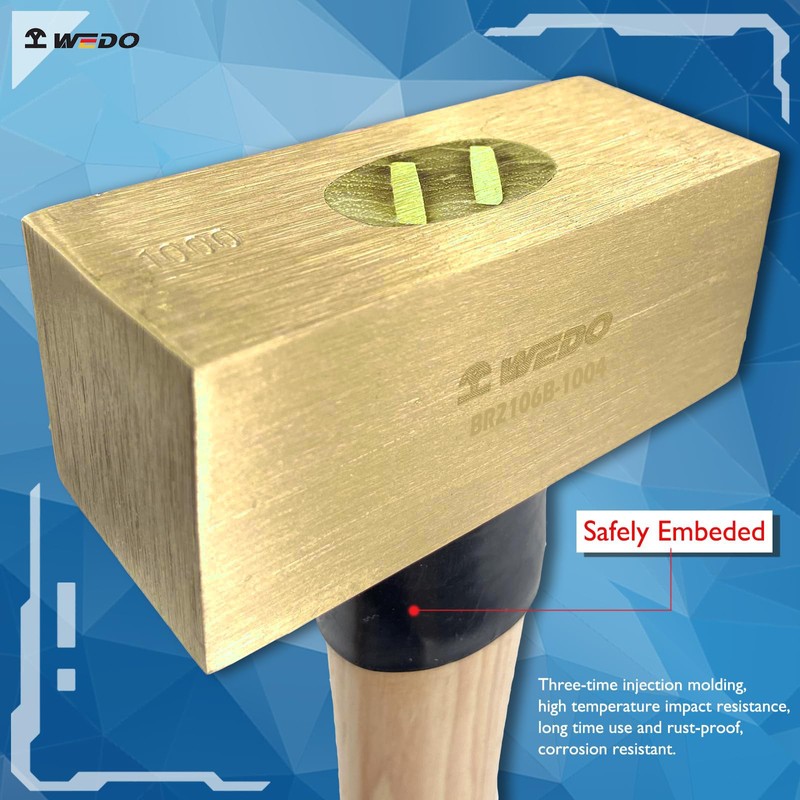 WEDO Brass Flat Hammer 2000g(4lb), Sledge Hammer with Fiberglass Handle,