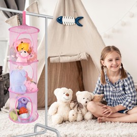 Hanging Mesh Stuffed Animal Storage - 3 Tiers 3 Pack Large Plush Toys Net Organizer, Foldable Space Saver Bags Plushie Basket Organization Holder for Kids Girl Room Bedroom Playroom Yellow Blue Pink