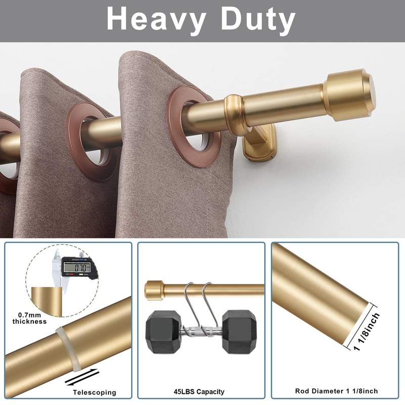 Heavy Duty Curtain Rods, 1 1/8 Inch Diameter Single Curtain