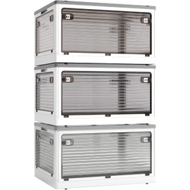 Roqao 3-Pack Stackable Storage Bins, 50-Liter Collapsible Organizers with 3 Lids, Wheels, and Drawers; Foldable, Collapsible Box for Outdoor Camping, White