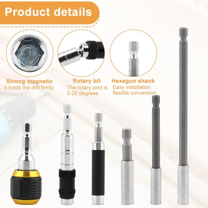 Tookie 6pcs Drill Bit Holder Extension, Flexible Pivoting Magnetic Bit