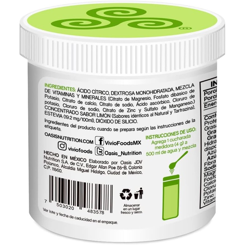 Vivio Foods, Electrolitos en Polvo Sabor Limón 120 gr