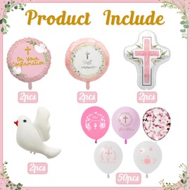 58 Pieces First Communion Decorations White Dove Cross Printed Latex Balloons Baptism Foil Balloons – God Bless You for Pink Theme Baby Shower, Religious Party Supplies