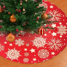 Christmas Tree Blanket, Christmas Tree Skirt, Round Christmas Tree Skirt, Snowflakes, Star Tree Skirt for Home, Christmas Party, Christmas Tree Decoration (90 cm, Red)