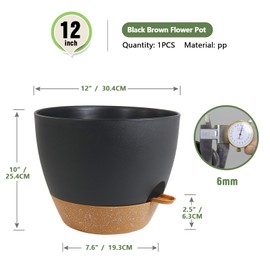 Meowell 12 inch Large Self Watering Pots, Plant Pots with Mesh Drainage Holes for Indoor Outdoor Plants, Plastic Planters with Deep Reservoir for Garden House Flower Plants, Black with Brown