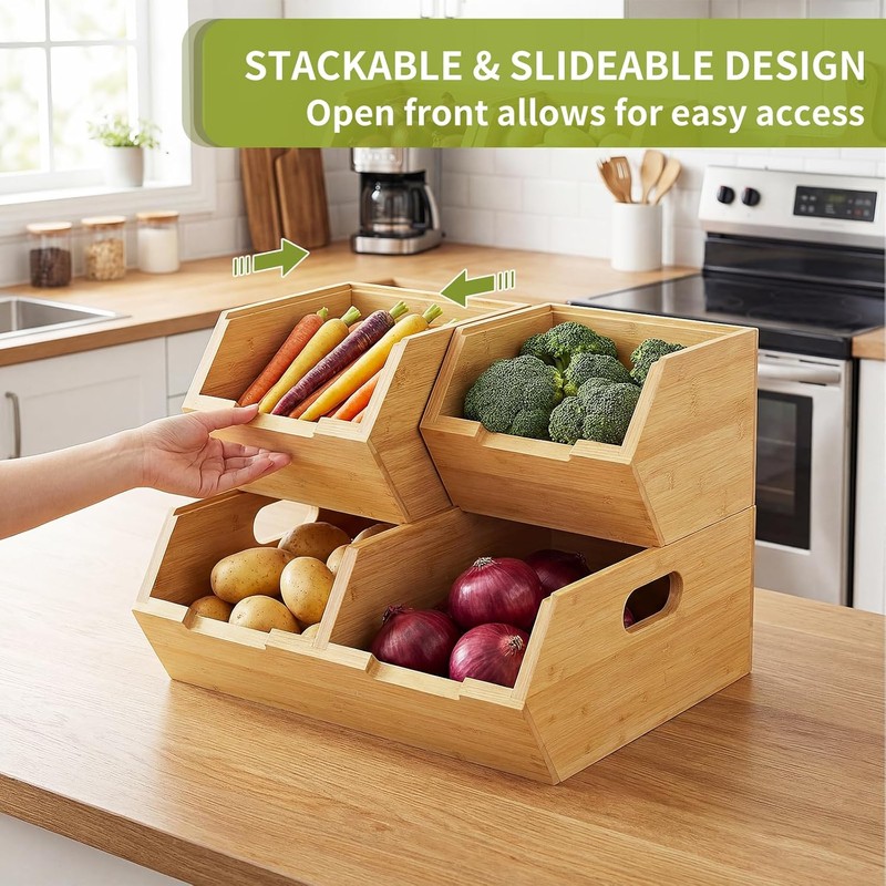 Bamboo Pantry Storage Bins, Stackable Potato and Onion Storage Bin