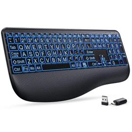 Large Print Backlit Wireless Keyboard – Silent Keyboards with Wrist Rest, 7-Color Light up, Quiet Low Profile Keys, 2.4G Wireless Rechargeable Full Size Keypad for Computer Laptop Windows Mac, Black