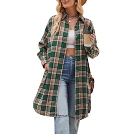 Korebow Womens Casual Long Flannel Plaid Shirts Fall Fashion Long Sleeve Boyfriend Coats Jackets with Pockets(0241-Green-L)