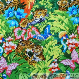 Fabri-Quilt BonEful FABRIC FQ Cotton Quilt Green Leaf Tropical Flower Cheetah Butterfly SALE