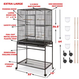 64" Extra Large Wrought Iron Metal Tight 1/2-Inch Bar Spacing Bird Flight Breeder Cage with Side Breeding Nesting Box Doors Easy Clean Pull Out Tray with Removable Rolling Stand