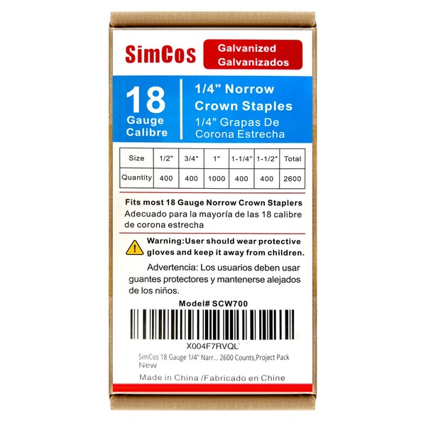 SimCos 18 Gauge 1/4" Narrow Crown Staples, Galvanized Upholstery Staples