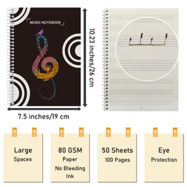 MUSHENJI Blank Sheet Music Notebook, Opaque, Non-bleeding Thick Staff Paper, Large Spaces Between Lines, Piano Notebook Song Writing Journals Book