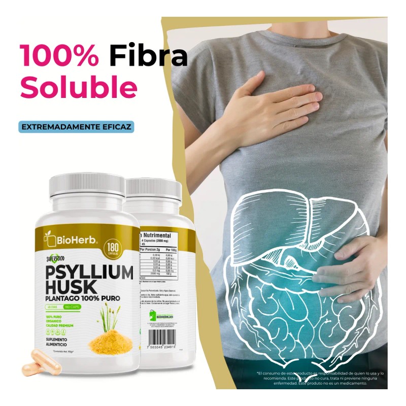 Psyllium Husk Fibra Altamente Soluble 180 Capsulas Bioherb Sin Sabor