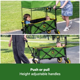 Bright Starts John Deere Pop 'N Ride Stroller Wagon, Foldable with Sun Shade 50+ SPF Protection, Seats 2 Kids at Once, Green & Yellow Unisex
