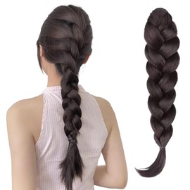 NICENEEDED 15.7 Inch Braided Ponytail Extension with Ties Soft Synthetic, Black Brown Straight Wrap Around Hair Extensions, Pony Tail Hairpieces for Women Wear