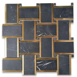 Stone Center Online N668XH Nero Marquina Black Marble 2x3 Basketweave Mosaic Tile Honed