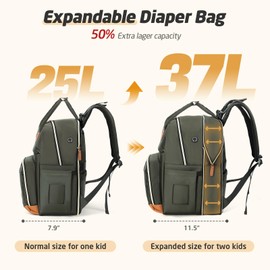 Tonyeee Diaper Bag Backpack - Extra Large Diaper Bag for 2 Kids Twin, Travel Baby Bags for Mom Dad 25-37L Expandable with Changing Pad Earphone Hole, Solid Green