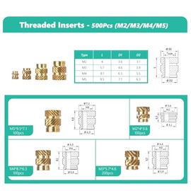 Kit de 500 piezas de insertos roscados para ajuste térmico | Tuercas moleteadas de latón M2/M3/M4/M5 | Inserto de latón para plástico y componentes de