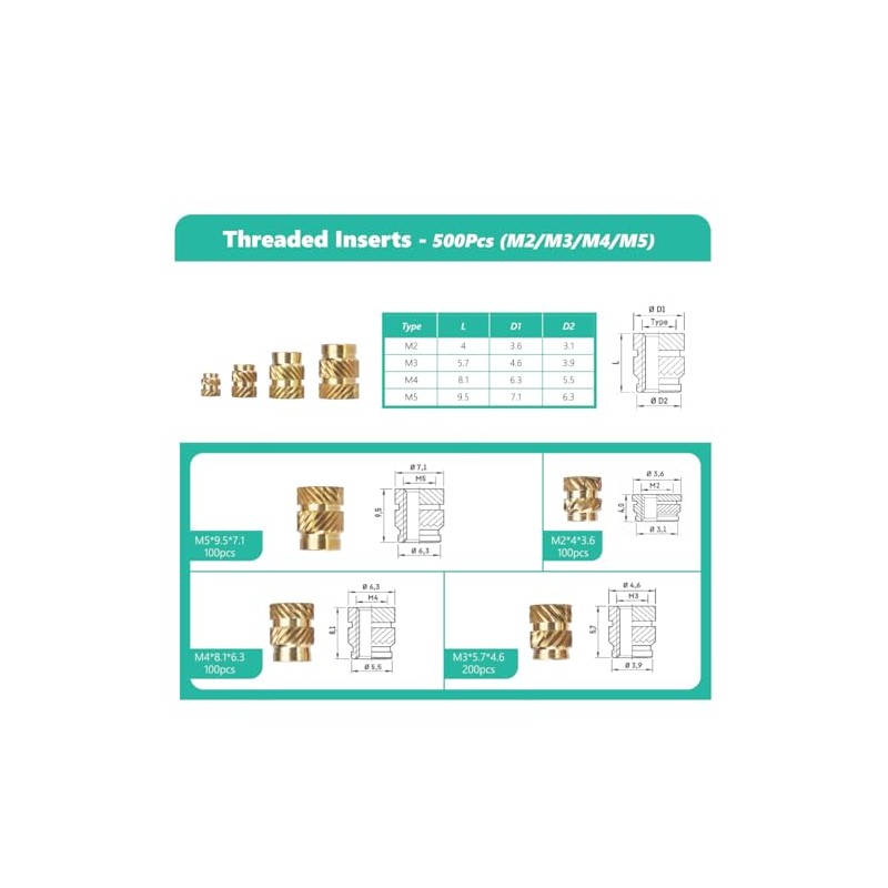 Kit de 500 piezas de insertos roscados para ajuste térmico
