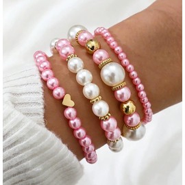 Cybche Boho Pink Layered Pearl Bracelet Set Gold Ball Beaded Bracelet Wedding Pearl Bead Stackable Stretch Elastic Bracelets Tiny Love Heart Bangle Anklet Wrist Jewelry for Women