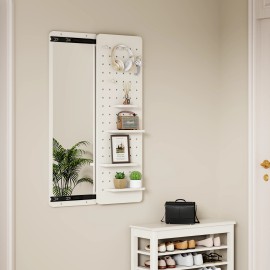 OVS Multifunctional Design Panel Mirror with Shelf and Hooks,Entry Way Mirrors for Wall,Wall Mirror with Storage, Living Roomcolor: White, size: 47.6*15.7 inch
