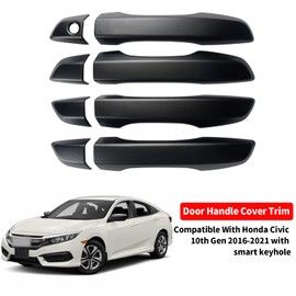Door Handle Cover Trim Compatible With 10th Gen Honda Civic Sedan Hatchback Coupe Type R 2016 2017 2018 2019 2020 2021 Exterior Door Handles without smart Entry keyhole Matte Black Car Decoration