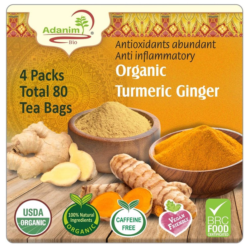 Adanim Bio Ginger Turmeric Tea, Value Pack 80 Teabags, Caffeine-free