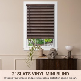 PowerSellerUSA Cordless Window Blinds, 2" Slats Vinyl Mini Blind, Premium Embossed Woodgrain, Anti-UV Window Treatment, Mahogany, 35" Width x 64" Length, (Fits Windows 23" - 64")