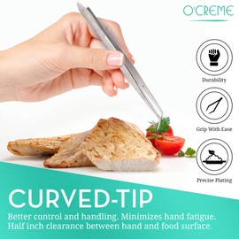 O'Creme Stainless Steel Precision Kitchen Culinary Fine-Tip Tweezer Tongs, 1 Curved and 1 Straight