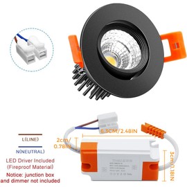 2Inch LED Recessed Ceiling Light, 3W Dimmable LED Downlight, Warm White 3000K, 60 Beam Angle Directional COB Recessed Lights with Driver, 25W Halogen Bulbs Equivalent for Ceiling Lighting, 6Pack