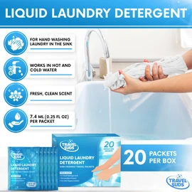 TravelSuds Laundry Detergent Packets (20 Pack) | Travel Detergent for Hand Washing in Sink, Includes Free Sink Stopper