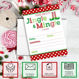 Jingle and Mingle 20 Christmas Party Invitations 5x7 Double-Sided Fill-In Cards with Envelopes, Holiday Party Invitations Set, Cute Festive Elf Design, Made in USA by Amanda Creation