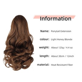 HEWEICSY Ponytail Extension, Clip on Ponytails for Women, 12" Claw Clip in Short Curly Wavy Pony Hair Extension for Women - Light Golden Brown